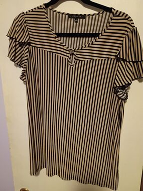 Atelier 29 Women's Striped V-Neck Flutter Sleeve Ruffle Blouse L Black/Cream